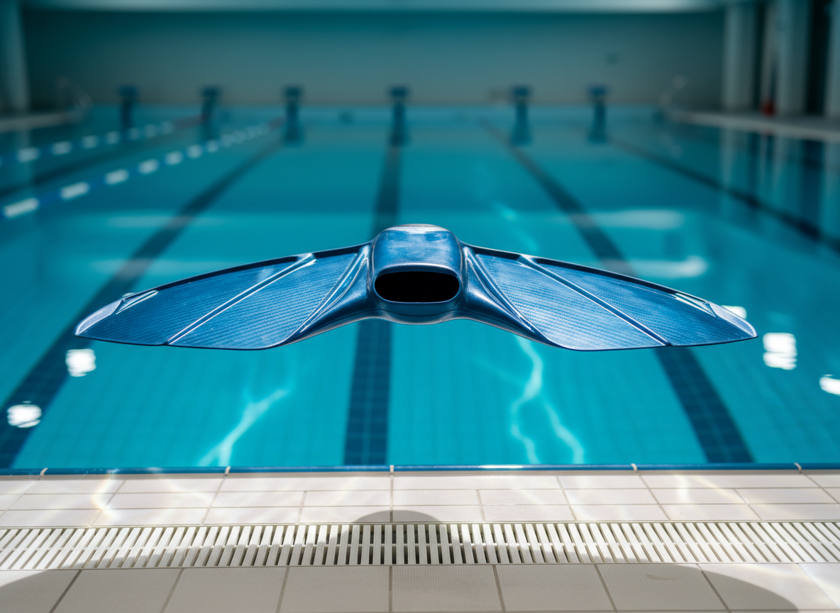 A sleek freediving monofin in deep metallic blue, its carbon fiber blades catching subtle reflections, hovers just above the tiled edge of an indoor pool. The water surface is perfectly still, a glassy turquoise plane stretching into the background. Soft overhead pool lighting creates rippling highlights on the fin’s contours and casts gentle, wavering shadows on the pale tiles. Shot at eye level with a shallow depth of field, the foreground fin is in crisp focus while lane markers and pool lines blur into a clean, professional backdrop. The photographic realism and cool color palette convey a calm, technical, and highly focused atmosphere, ideal for a professional apnea blog homepage.